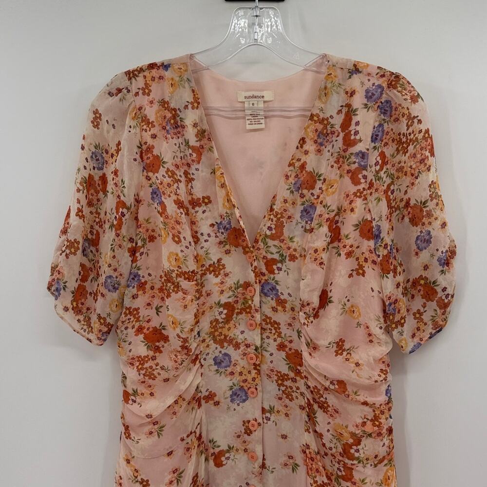 Sundance Women's Catalog Peach Floral Print 100% Silk Ruffle Midi Dress - 6 - Picture 2 of 7